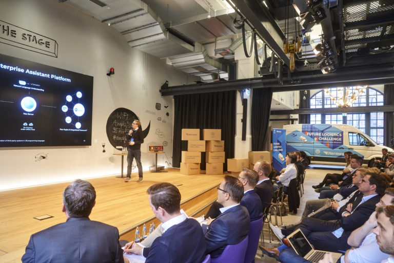 Pitch of one of the day's winners of the Future Logistics Challenge: Philipp Csernalabics, Co-Founder & CXO of Neohelden GmbH.hermes europe; future logistics challenge; innovation; volkswagen commercial vehicles; 2019