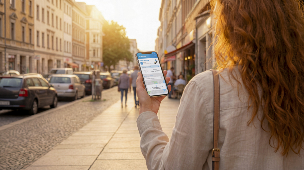 Eine Empfängerin, die unterwegs ist, checkt via Hermes App, in welchem Zeitfenster ihre Sendung voraussichtlich geliefert wird. ( Foto mit KI erstellt / Hermes Germany)