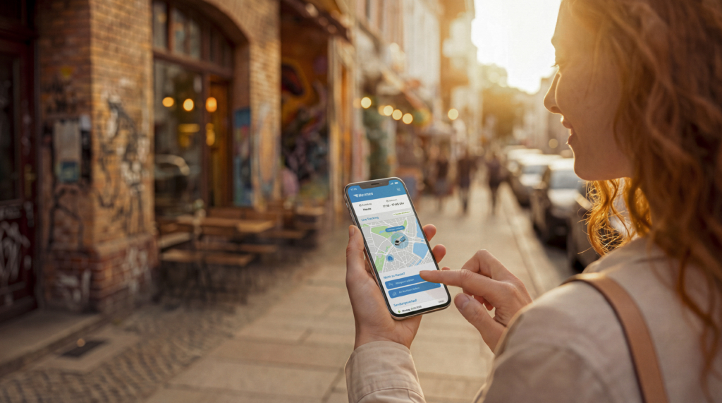 Eine Paketempfängerin, die unterwegs ist, leitet ihre Sendung via Hermes App kurzfristig um (Foto mit KI erstellt / Hermes Germany).