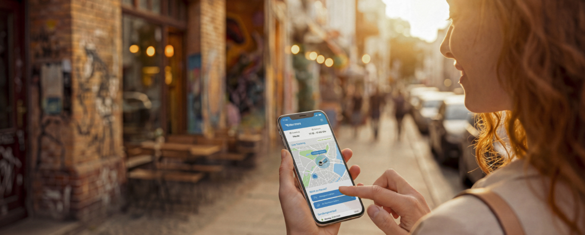Eine Paketempfängerin, die unterwegs ist, leitet ihre Sendung via Hermes App kurzfristig um (Foto mit KI erstellt / Hermes Germany).