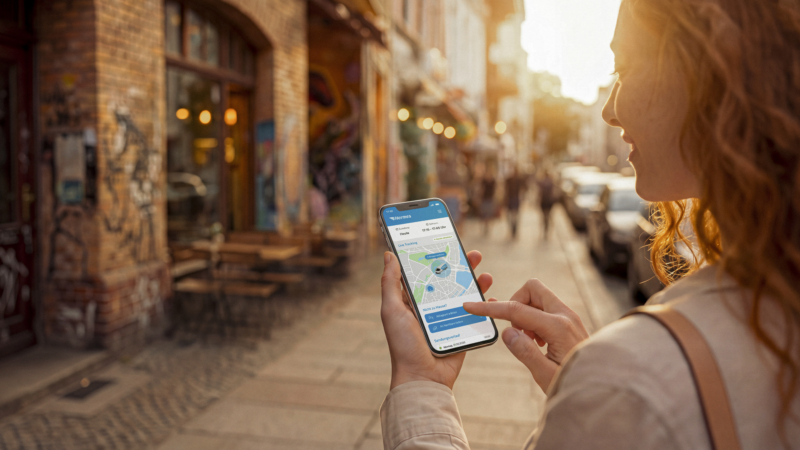 Eine Paketempfängerin, die unterwegs ist, leitet ihre Sendung via Hermes App kurzfristig um (Foto mit KI erstellt / Hermes Germany).