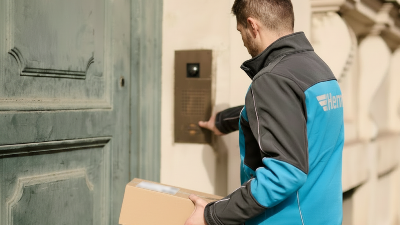 Ein Hermes Zusteller steht mit an einem Paket in der Hand an einer Haustür und klingelt (Foto: Hermes Germany / Willing-Holtz)