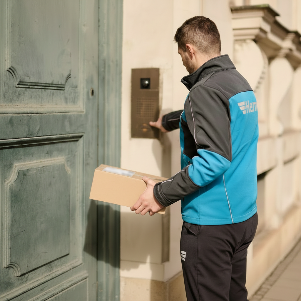 Ein Hermes Zusteller steht mit an einem Paket in der Hand an einer Haustür und klingelt (Foto: Hermes Germany / Willing-Holtz)