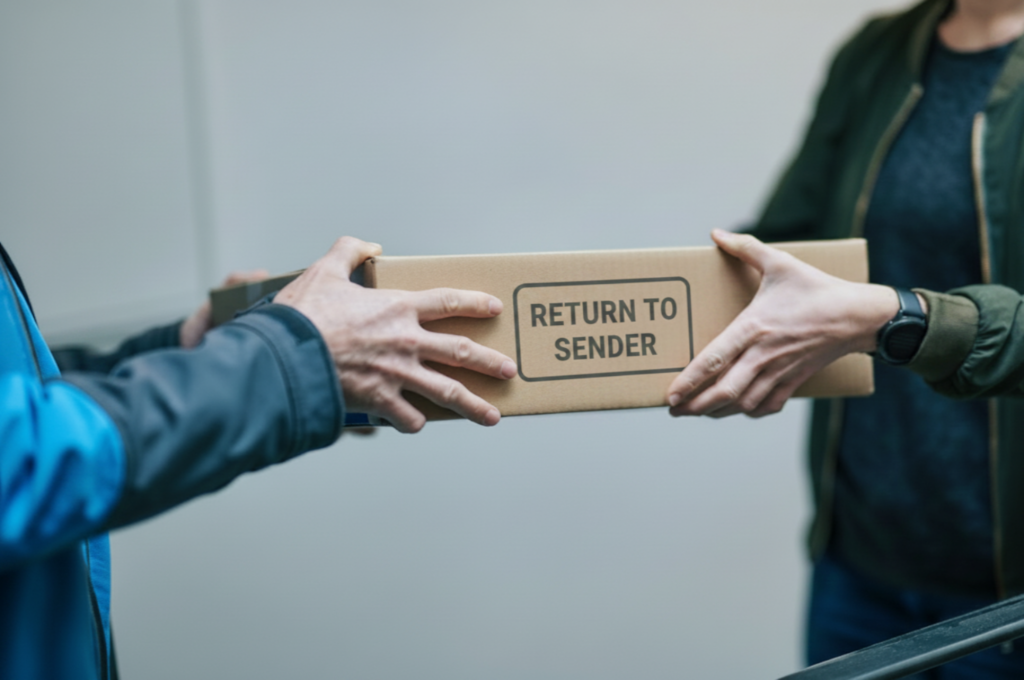 Eine Kund*in übergibt ein Paket mit der Aufschrift "Return to Sender" an einen Zusteller (Foto: Hermes Germany)